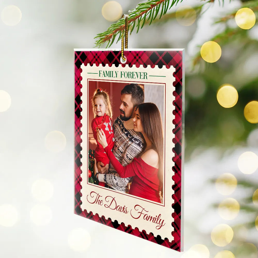 Christmas,Custom Photo,Family,Sentimental,Upload Full Photo - Christmas Gifts For Family - Personalized Custom Photo Family Name Plaid Pattern Acrylic Ornament