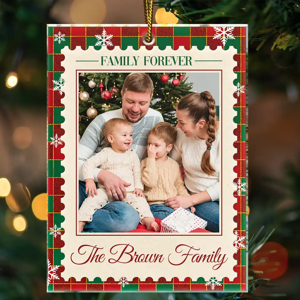 Christmas,Custom Photo,Family,Sentimental,Upload Full Photo - Christmas Gifts For Family - Personalized Custom Photo Family Name Plaid Pattern Acrylic Ornament