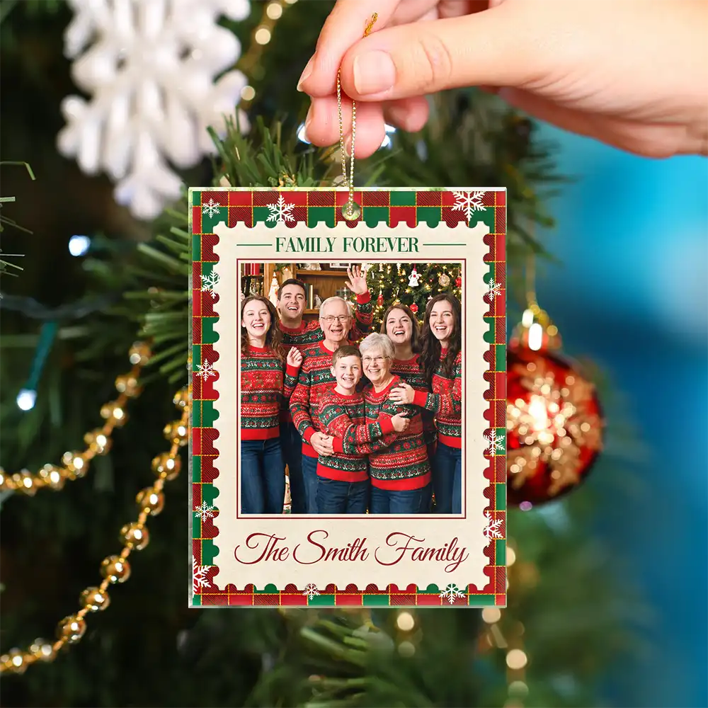Christmas,Custom Photo,Family,Sentimental,Upload Full Photo - Christmas Gifts For Family - Personalized Custom Photo Family Name Plaid Pattern Acrylic Ornament