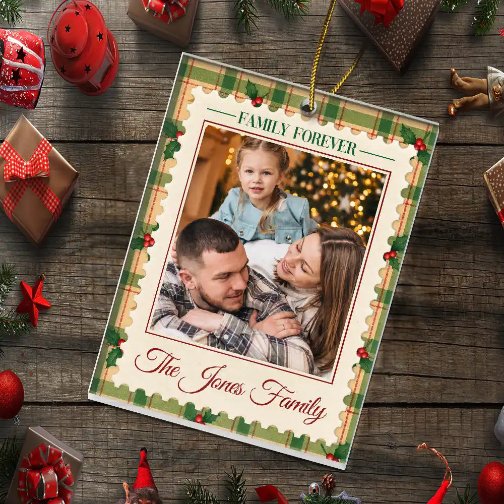 Christmas,Custom Photo,Family,Sentimental,Upload Full Photo - Christmas Gifts For Family - Personalized Custom Photo Family Name Plaid Pattern Acrylic Ornament