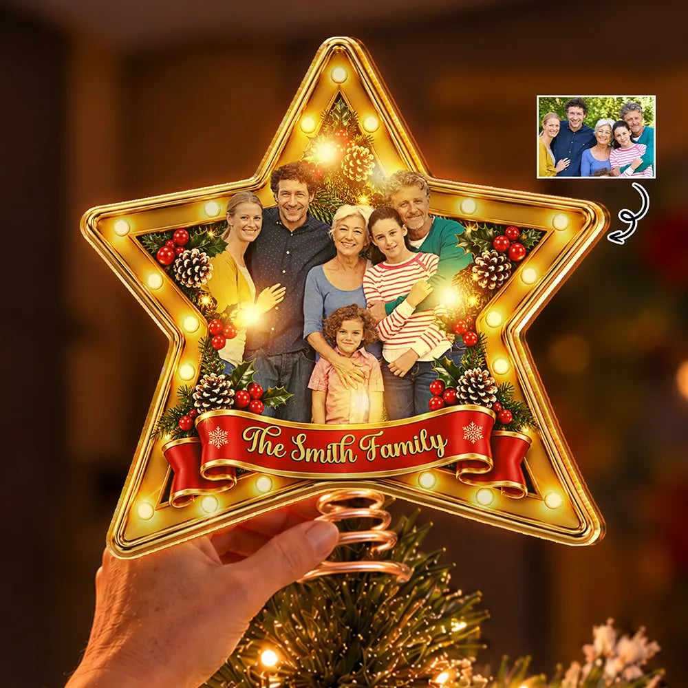 Christmas,Custom Photo,Family,Happy,Remove BG Photo - Family Christmas Gift - Personalized Custom Photo Family Name Star LED Tree Topper