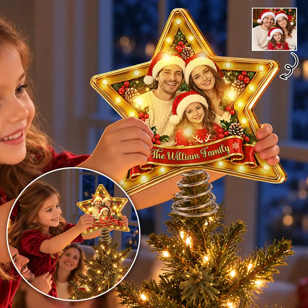 Christmas,Custom Photo,Family,Happy,Remove BG Photo - Family Christmas Gift - Personalized Custom Photo Family Name Star LED Tree Topper