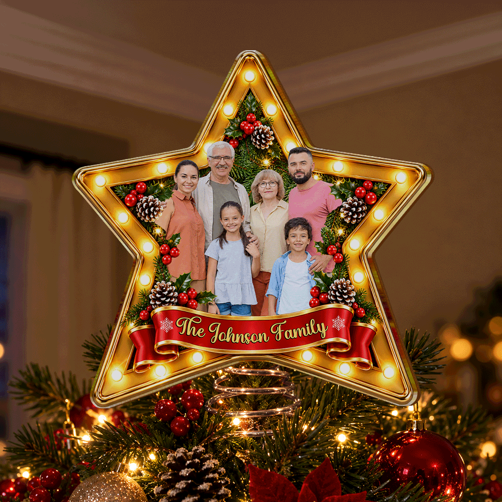 Christmas,Custom Photo,Family,Happy,Remove BG Photo - Family Christmas Gift - Personalized Custom Photo Family Name Star LED Tree Topper