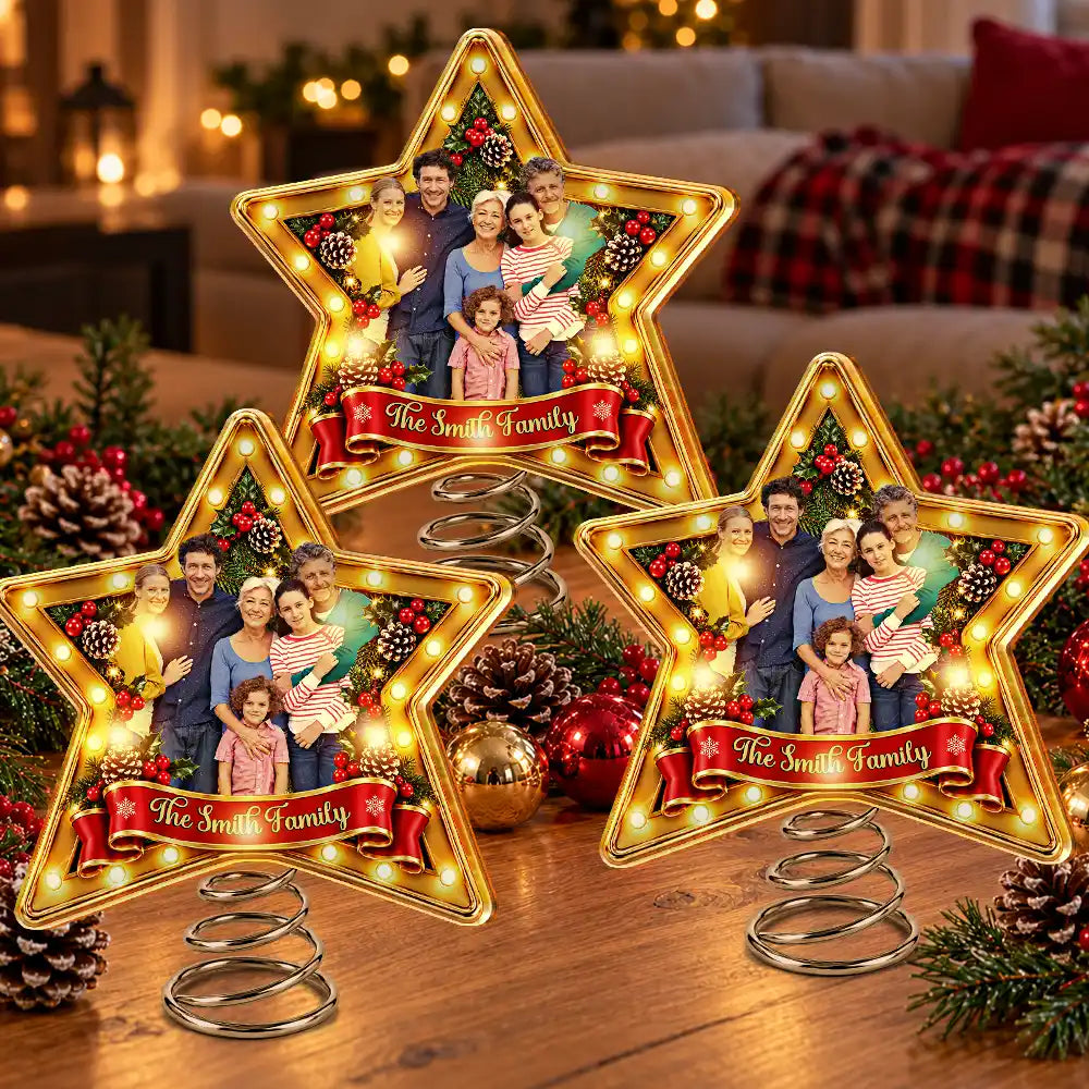 Christmas,Custom Photo,Family,Happy,Remove BG Photo - Family Christmas Gift - Personalized Custom Photo Family Name Star LED Tree Topper