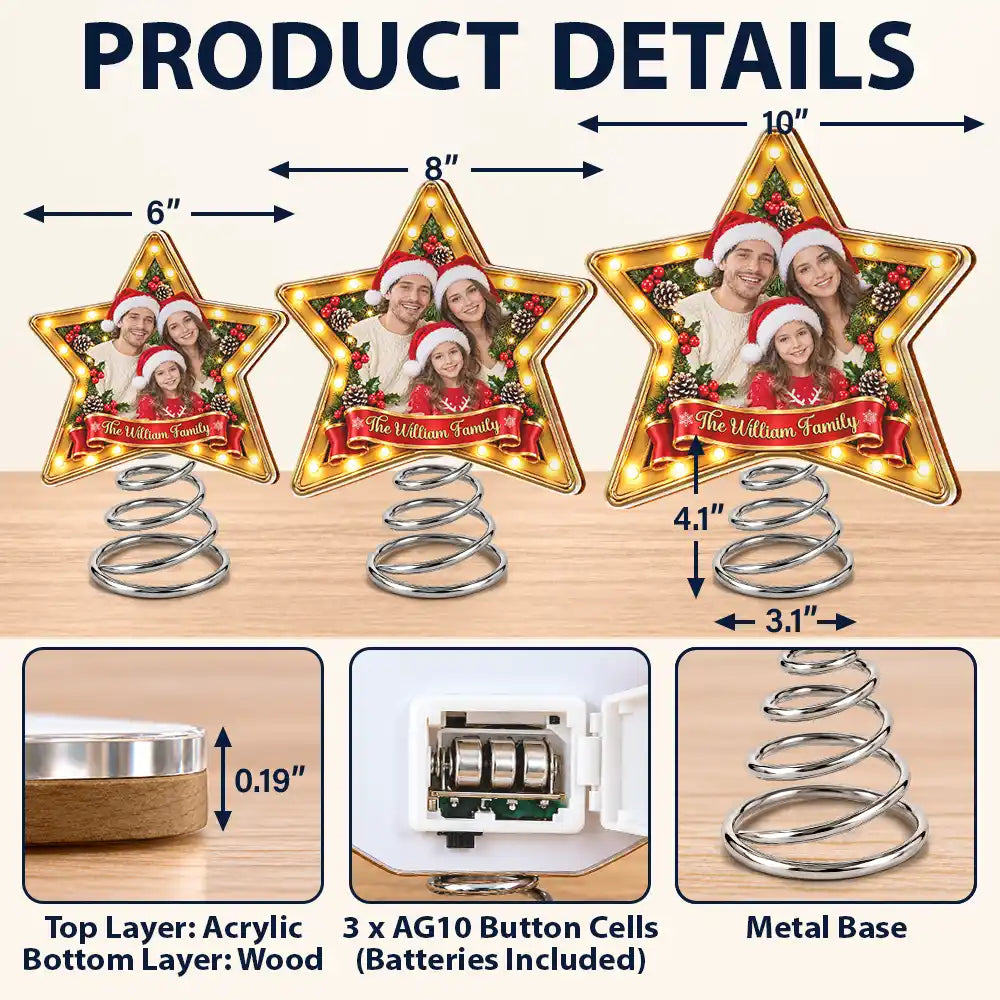 Christmas,Custom Photo,Family,Happy,Remove BG Photo - Family Christmas Gift - Personalized Custom Photo Family Name Star LED Tree Topper