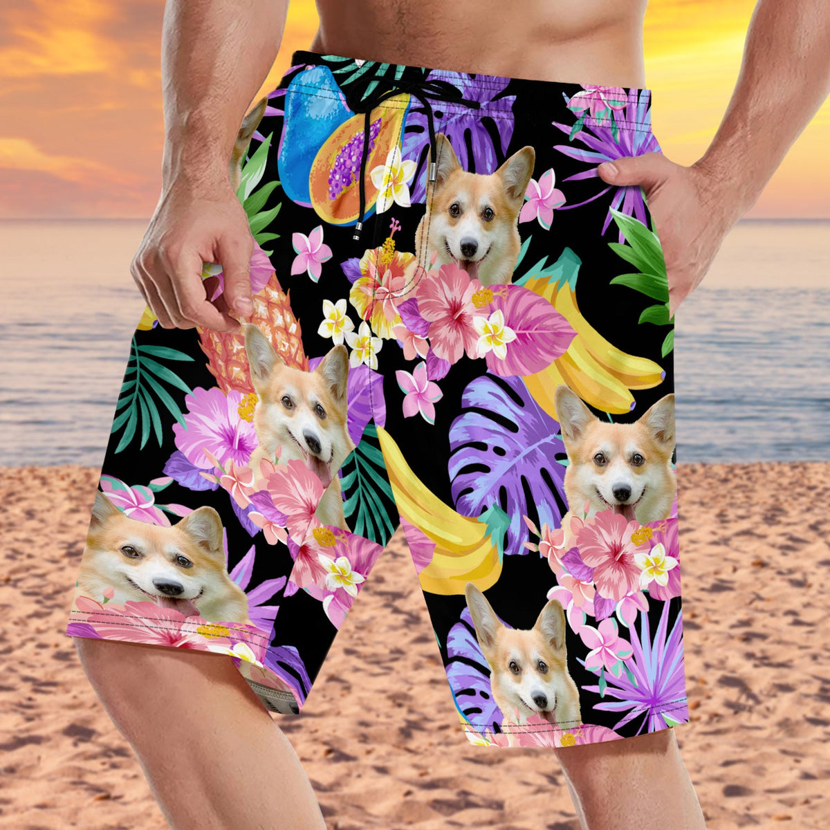 Custom Photo Funny Family Pet Face Black Colorful Tropical - Funny Gift For Pet Lovers, Dog Mom, Cat Mom, Dog Dad, Cat Dad - Personalized Unisex Beach Shorts