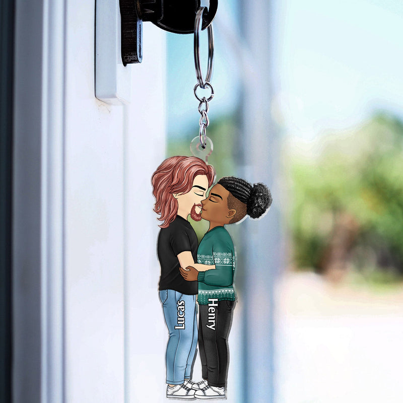 Chibi Couple Kissing - Anniversary Gift For Couples - Personalized Cutout Acrylic Keychain