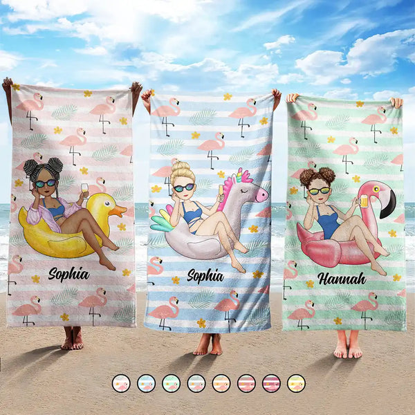 Beach Girl Pool Girl Flamingo - Personalized Beach Towel