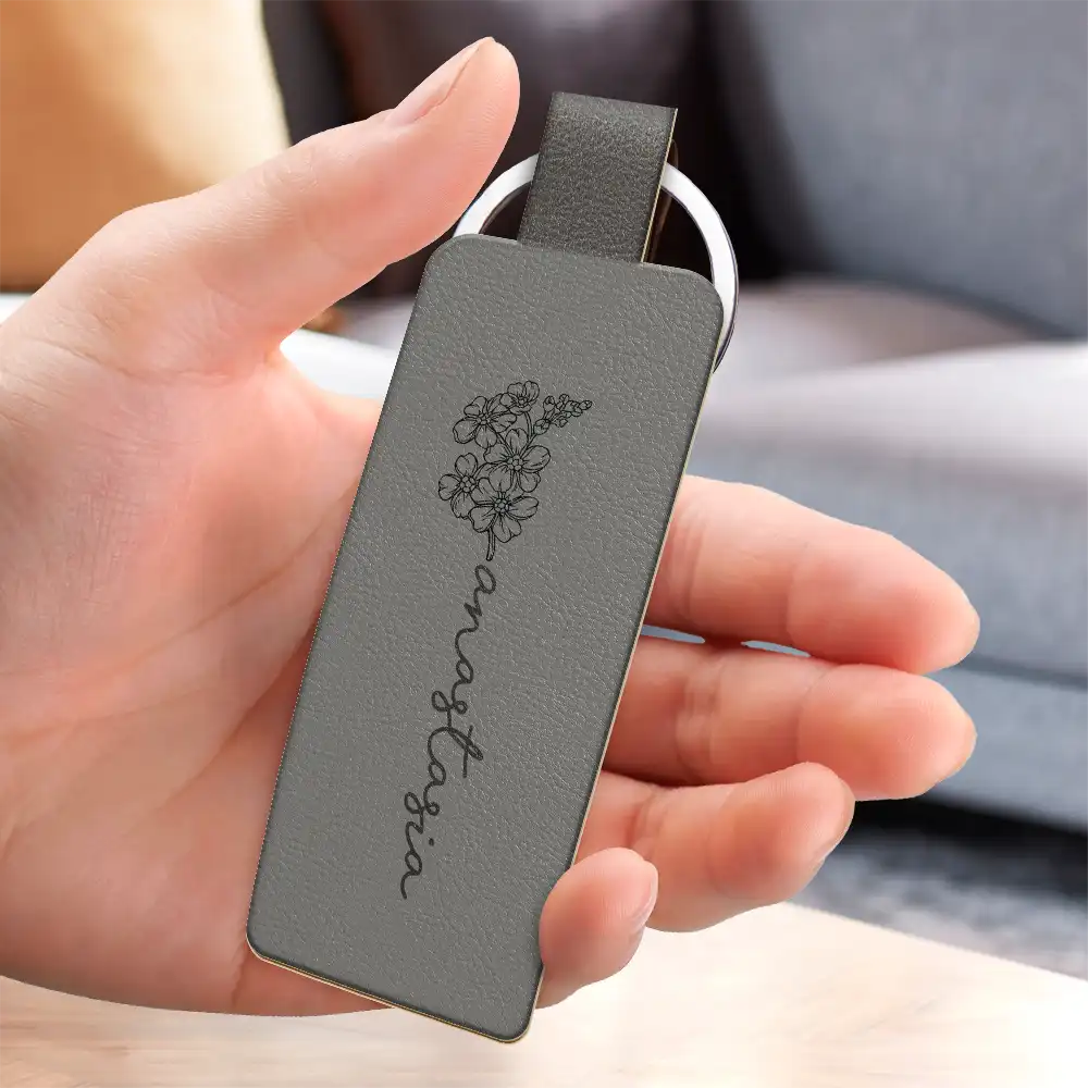 Birth Month Flowers Sketch Bloom Where You're Planted - Personalized Custom Shaped Leather Keychain