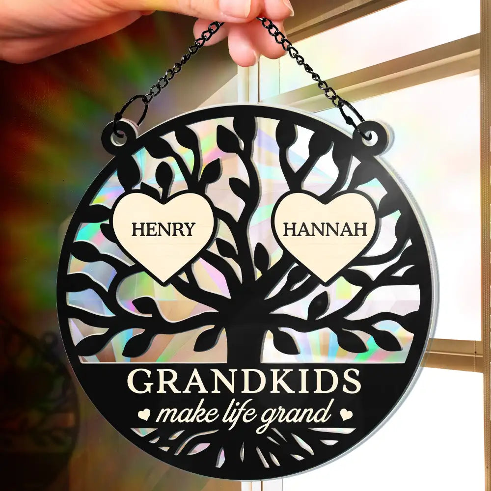 Tree Of Heart Grandkids Make Life Grand - Personalized Window Hanging Rainbow Suncatcher