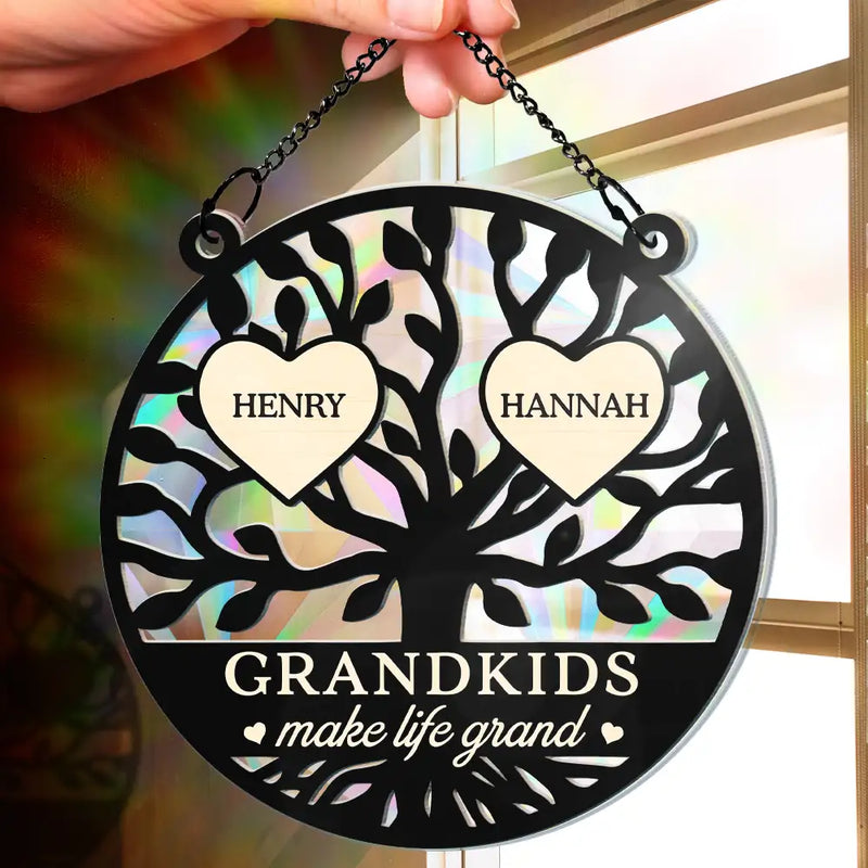 Tree Of Heart Grandkids Make Life Grand - Personalized Window Hanging Rainbow Suncatcher