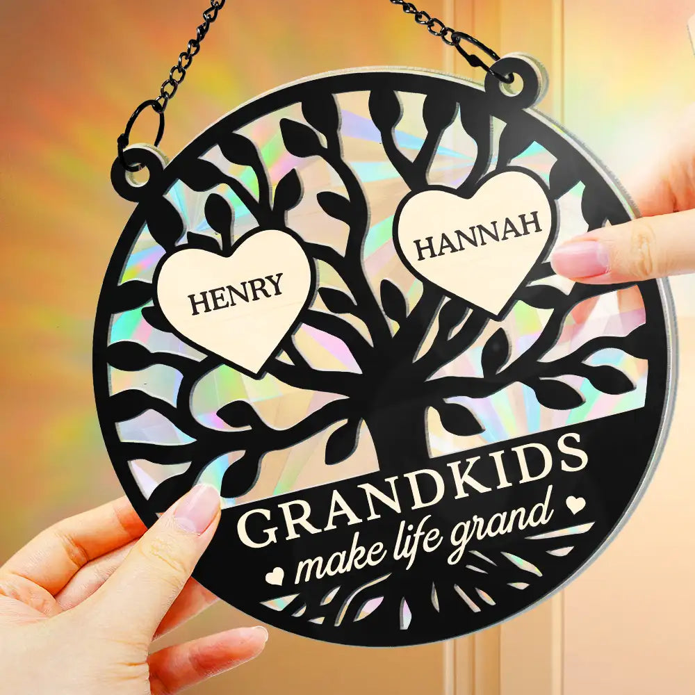 Tree Of Heart Grandkids Make Life Grand - Personalized Window Hanging Rainbow Suncatcher