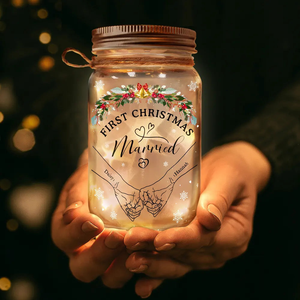Holding Hands First Christmas Couple - Personalized Mason Jar Light