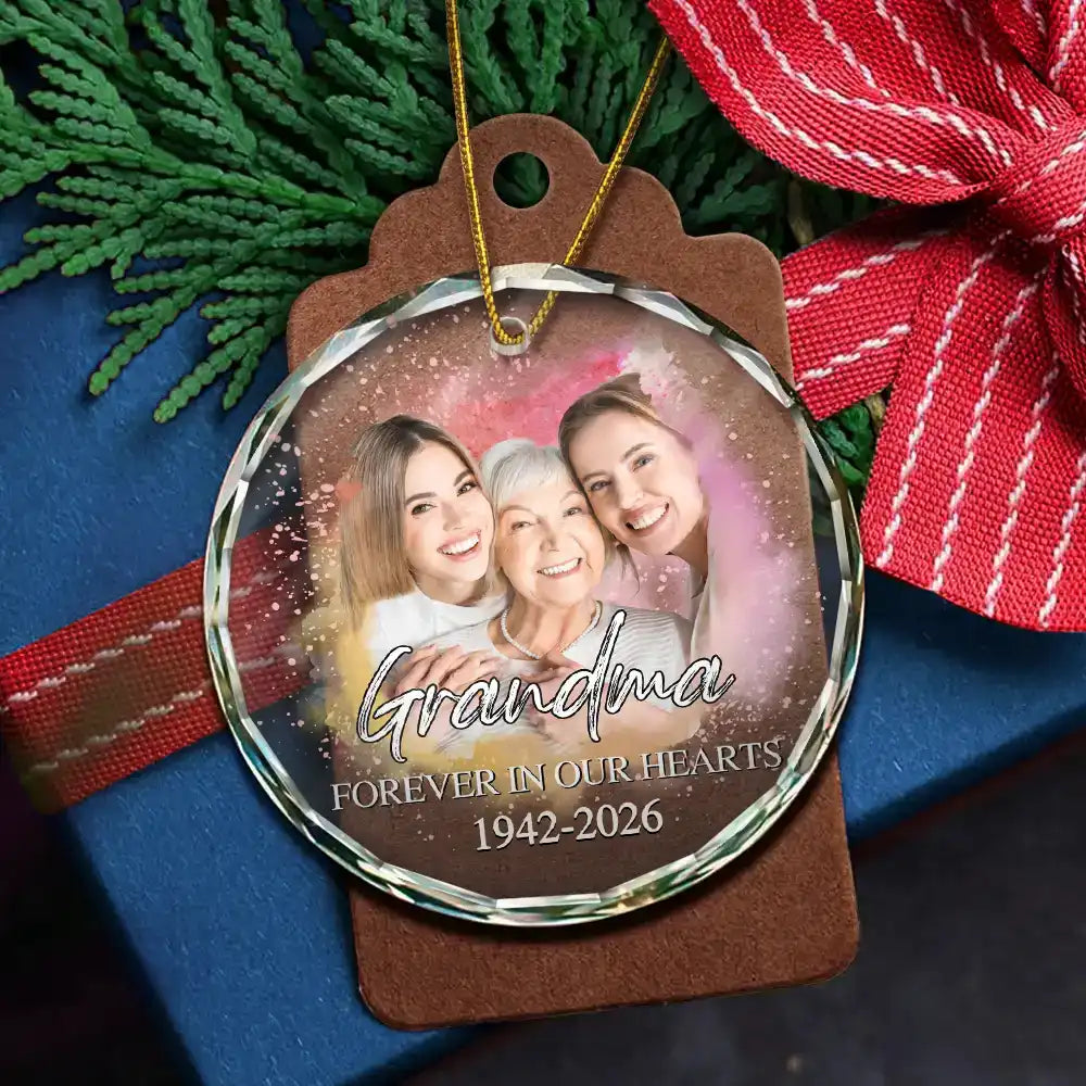 Custom Photo Memorial Forever Our My Hearts - Personalized Circle Glass Ornament