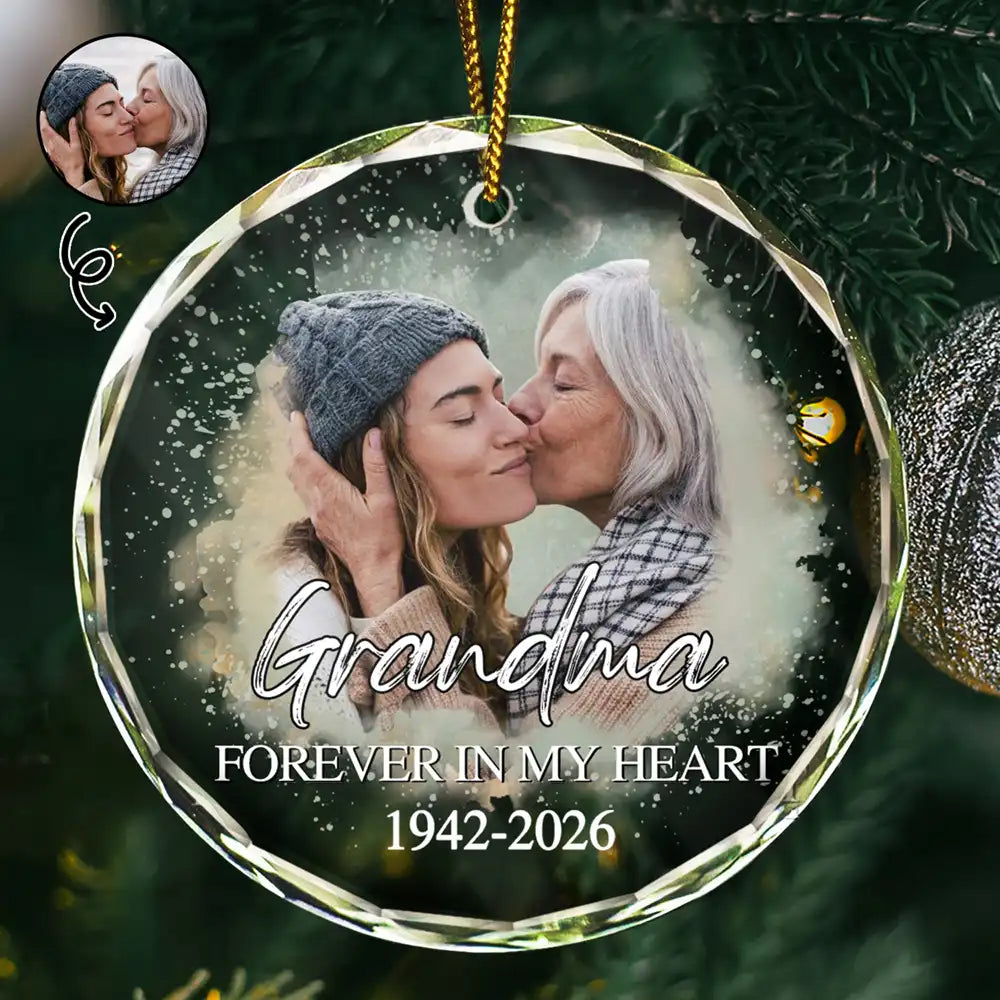 Custom Photo Memorial Forever Our My Hearts - Personalized Circle Glass Ornament