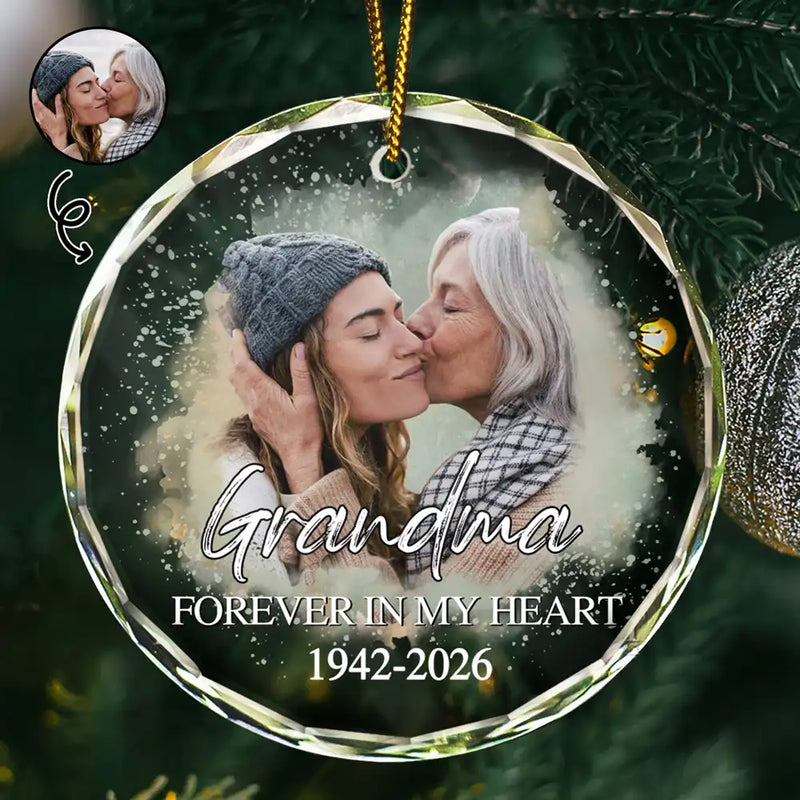 Custom Photo Memorial Forever Our My Hearts - Personalized Circle Glass Ornament