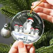 Christmas,Happy,Family,Parents - First Christmas As A Family Of Three Penguin - Personalized Circle Glass Ornament