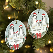 Family, Parents - Family Penguin Christmas - Personalized Circle Ceramic Ornament