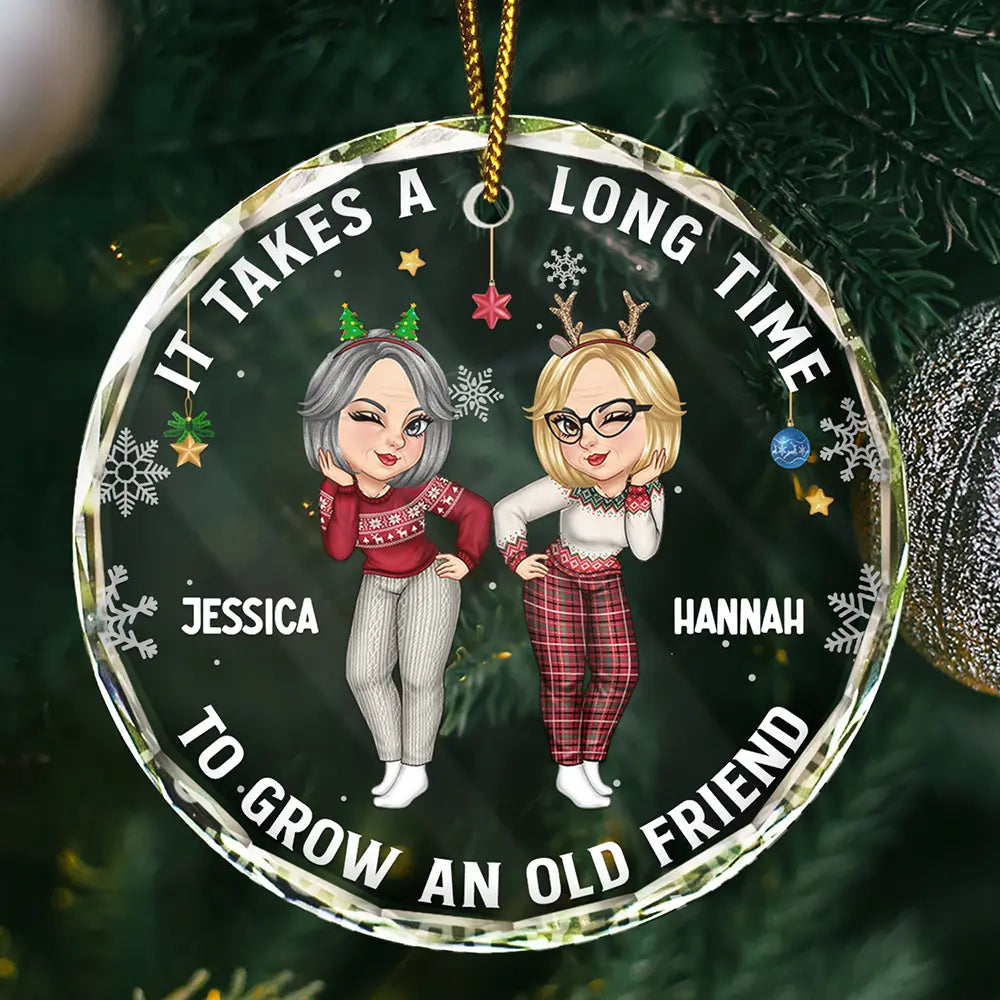 Gift For Bestie,Gifts For Colleagues,Happy,Christmas - It Takes A Long Time To Grow An Old Friend Christmas Friendship - Personalized Circle Glass Ornament