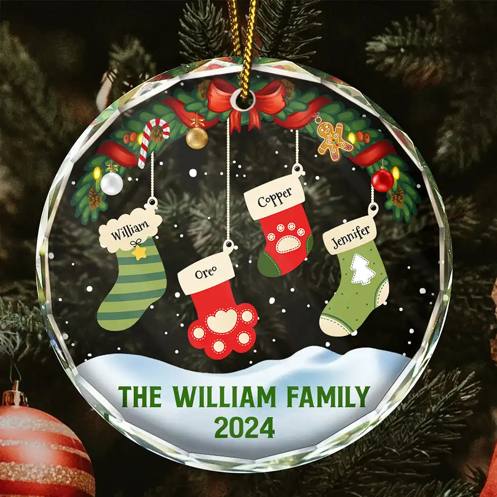 Family - Family Christmas Stockings Parents Kids Pets - Personalized Circle Glass Ornament