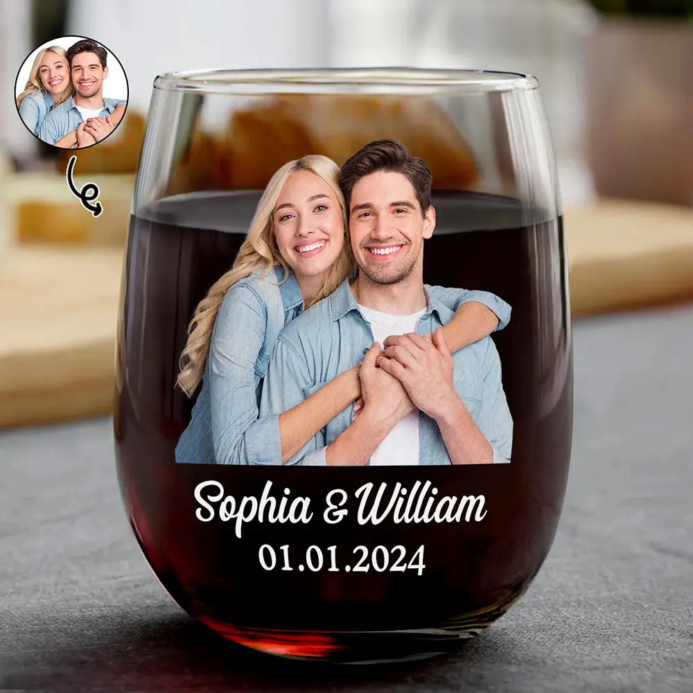 Custom Photo Loving Couple Bestie Family Sibling Pet - Personalized Stemless Wine Glass