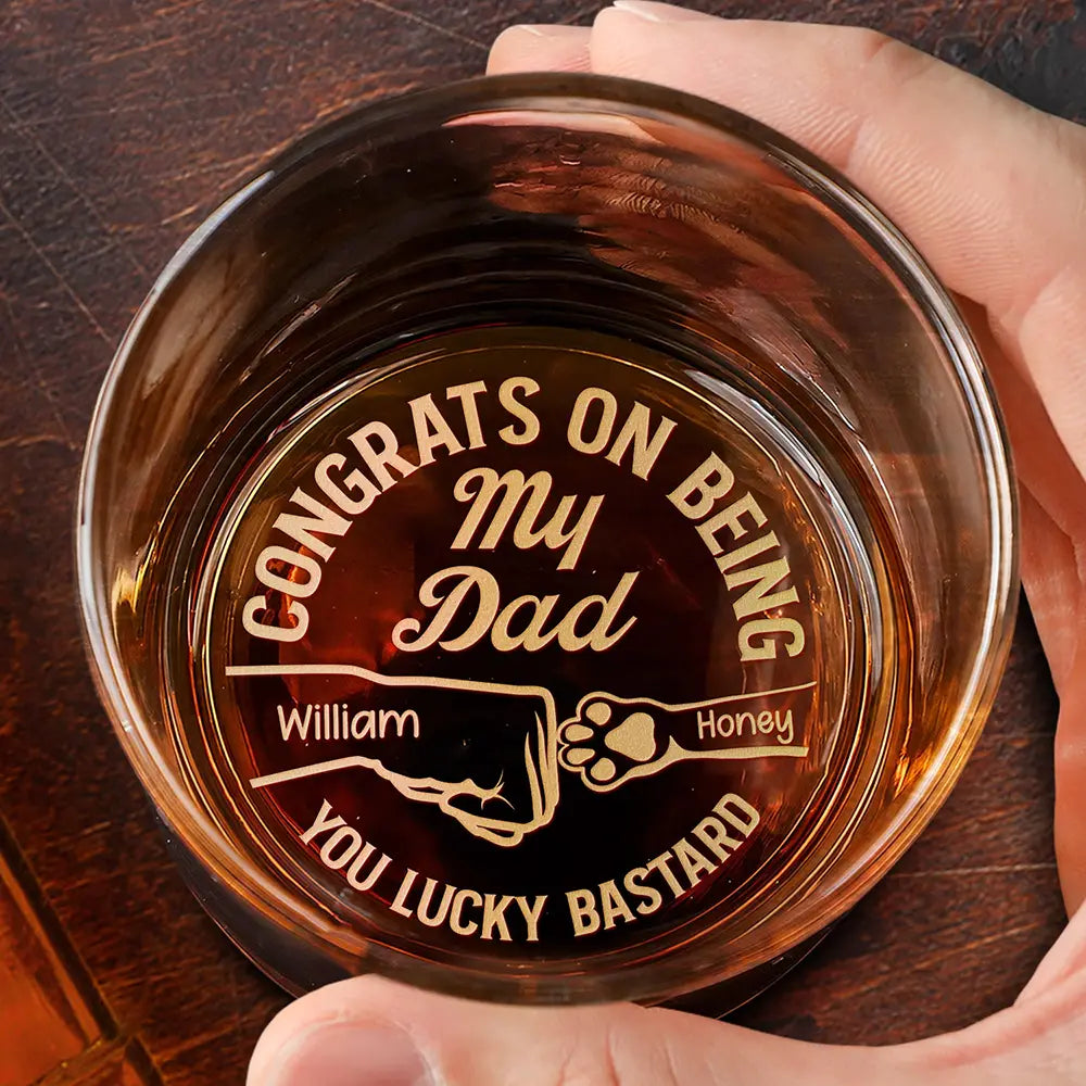 Congrats On Being My Dad You Lucky Man Cat Father - Personalized Engraved Whiskey Glass