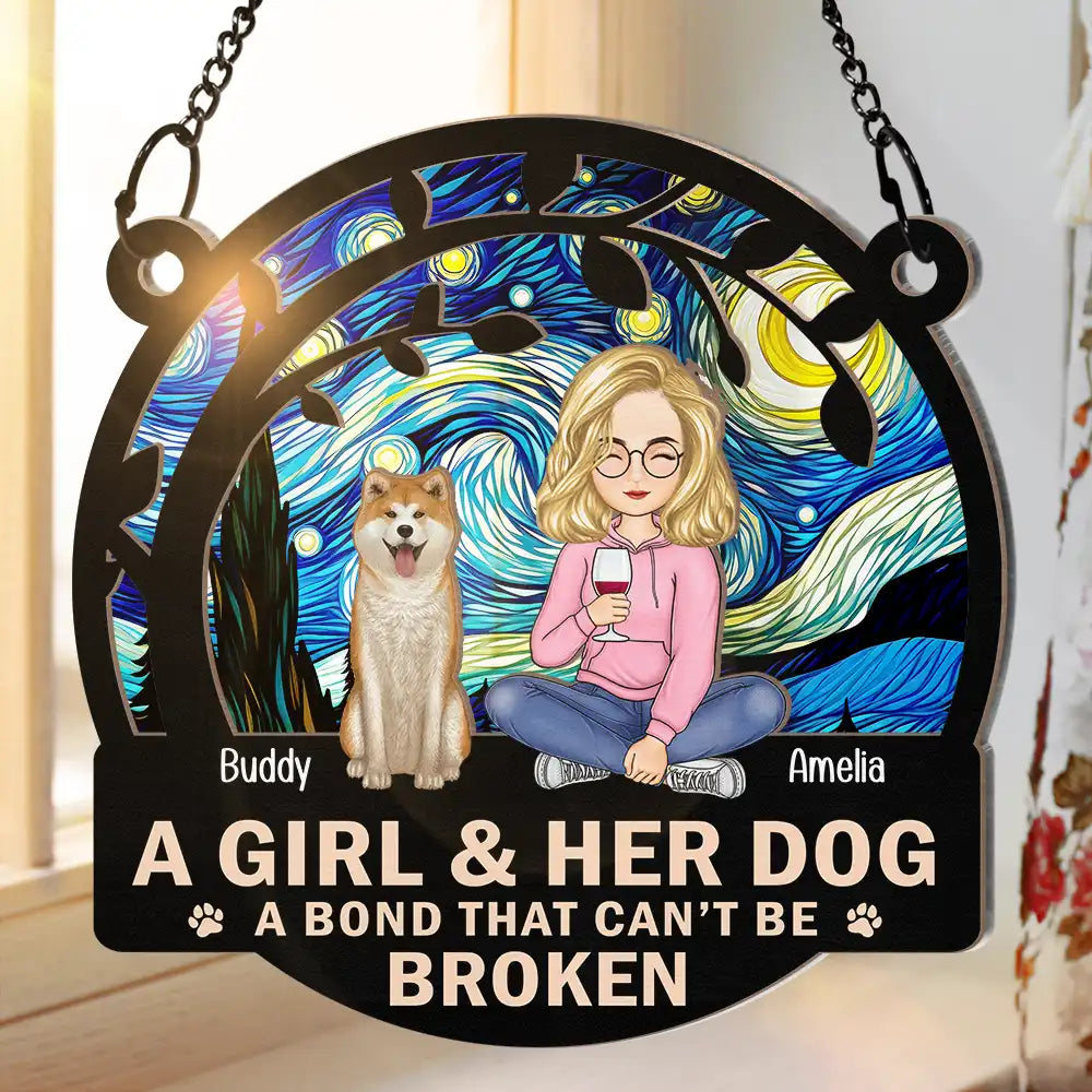 Dog Lovers, Dog Mom - Night Sky A Girl And Her Dog Cartoon Woman With Pet - Personalized Window Hanging Suncatcher Ornament