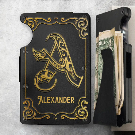 Monogram Vintage Old Letter Custom Name - Personalized Card Wallet With Money Clip