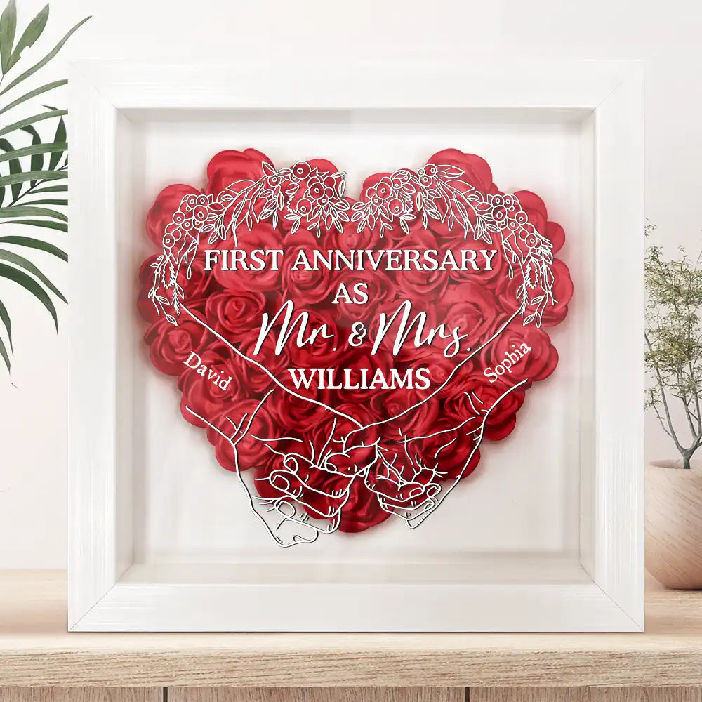 Gift For Couples, Gift For Husband, Gift For Wife - Couple First Anniversary As Mr. & Mrs. - Personalized Flower Shadow Box

