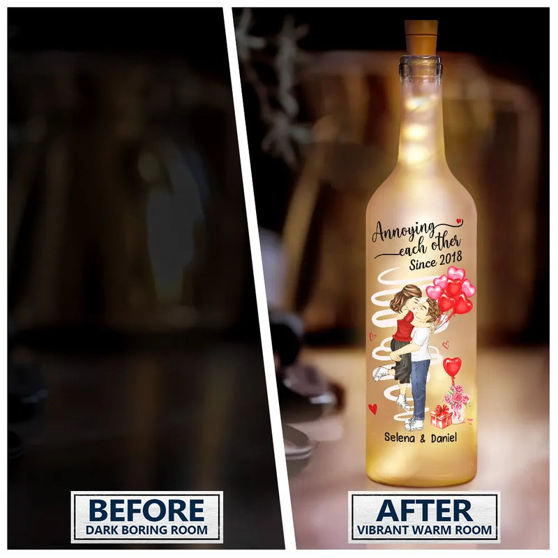 Gift For Couples, Gift For Husband, Gift For Wife - Chibi Side View Carrying Couple Together Since - Personalized Bottle Light
