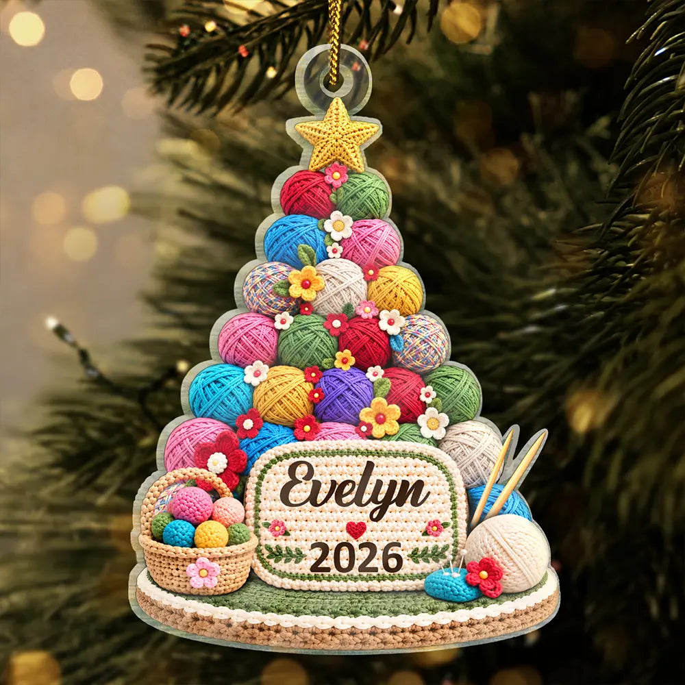 Christmas,Crocheting,Cozy,Gift For Yourself,Gift For Women,Custom Text - Yarn Christmas Tree For Crochet & Knitting Lovers - Personalized Custom Shaped Acrylic Ornament