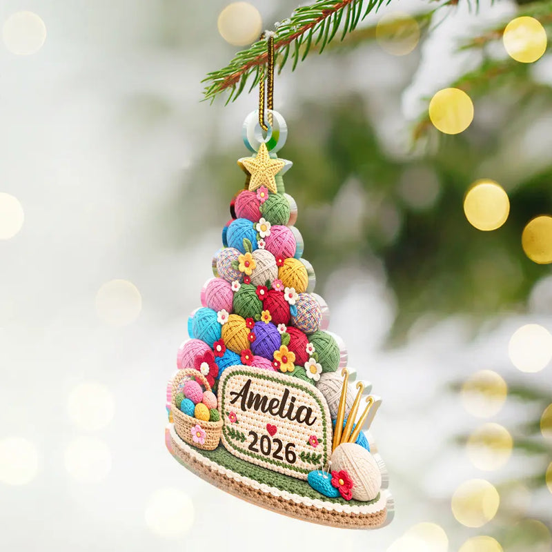 Christmas,Crocheting,Cozy,Gift For Yourself,Gift For Women,Custom Text - Yarn Christmas Tree For Crochet & Knitting Lovers - Personalized Custom Shaped Acrylic Ornament