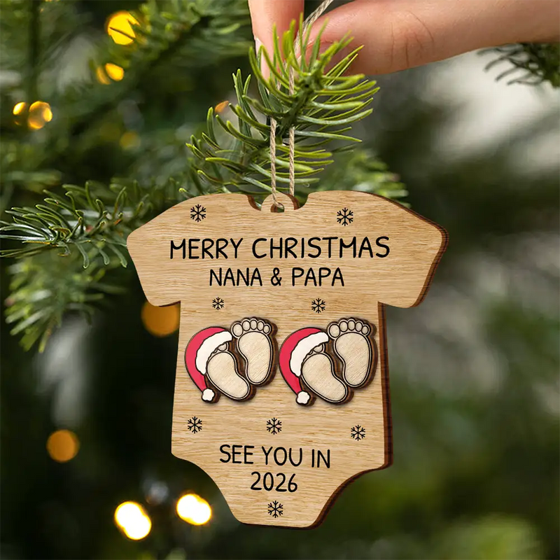 Christmas,New Dad,New baby,New Mom,Happy - Baby Expecting See You In 2026 Onesie Shaped - Personalized 2-Layered Wooden Ornament