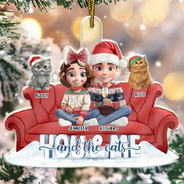 Happy,Cat Couple,Christmas - You And Me And The Cats Couch - Personalized Custom Shaped Acrylic Ornament