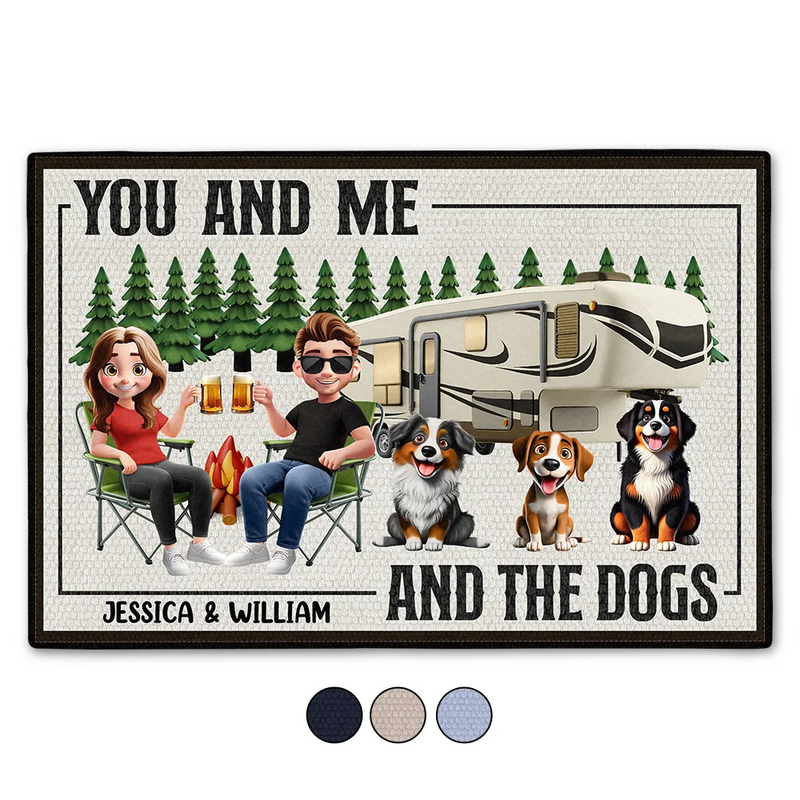 Camping, Campsite, Couple's Hobby, Happy, Gift For Couples, Dog Couple, Dog Lovers - You And Me And The Dogs Camping Cartoon - Personalized Doormat