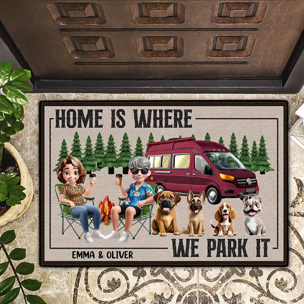 Camping, Campsite, Couple's Hobby, Happy, Gift For Couples, Dog Couple, Dog Lovers - You And Me And The Dogs Camping Cartoon - Personalized Doormat