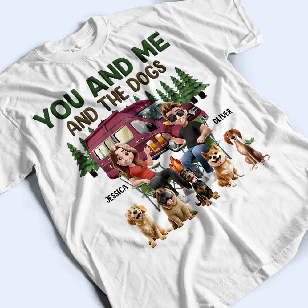 Camping, Campsite, Couple's Hobby, Happy, Gift For Couples, Dog Couple, Dog Lovers - You And Me And The Dogs Camping Cartoon - Personalized T Shirt