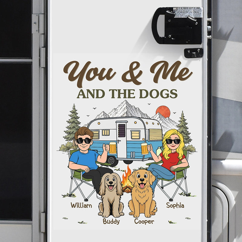 Dog Couple,Playful,Camping,Dog Lovers,Pet Lovers,Gift For Couples,Vector - You And Me And The Dogs Camping Couple - Personalized Decor Decal