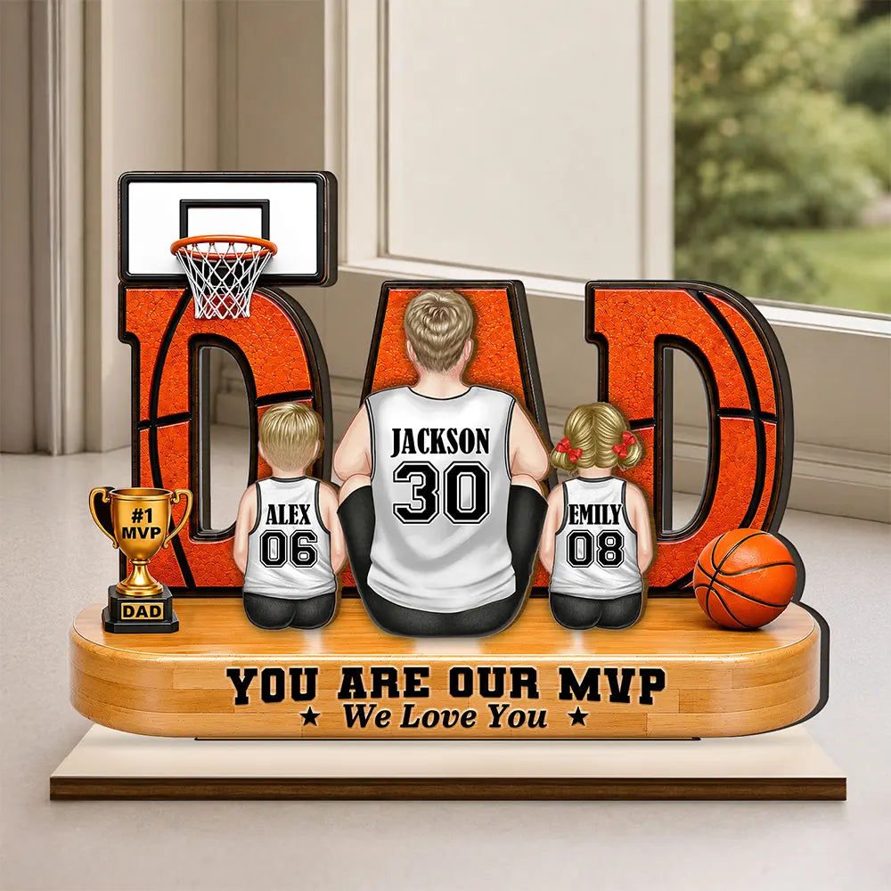 Gift For Father, Top Market, Basketball, Proud, Vector - You Are Our MVP Backside Dad & Kids - Personalized Custom Shaped Wooden Plaque
