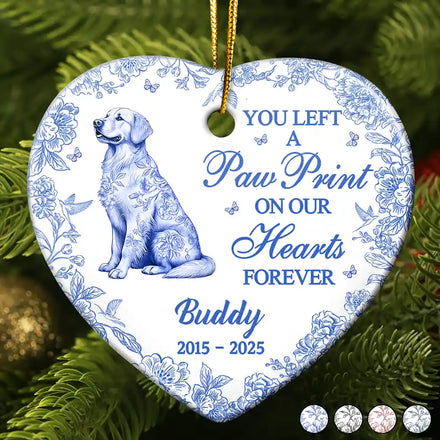 You Left A Paw Print On Our Hearts Memorial Dog Cat - Personalized Heart Ceramic Ornament