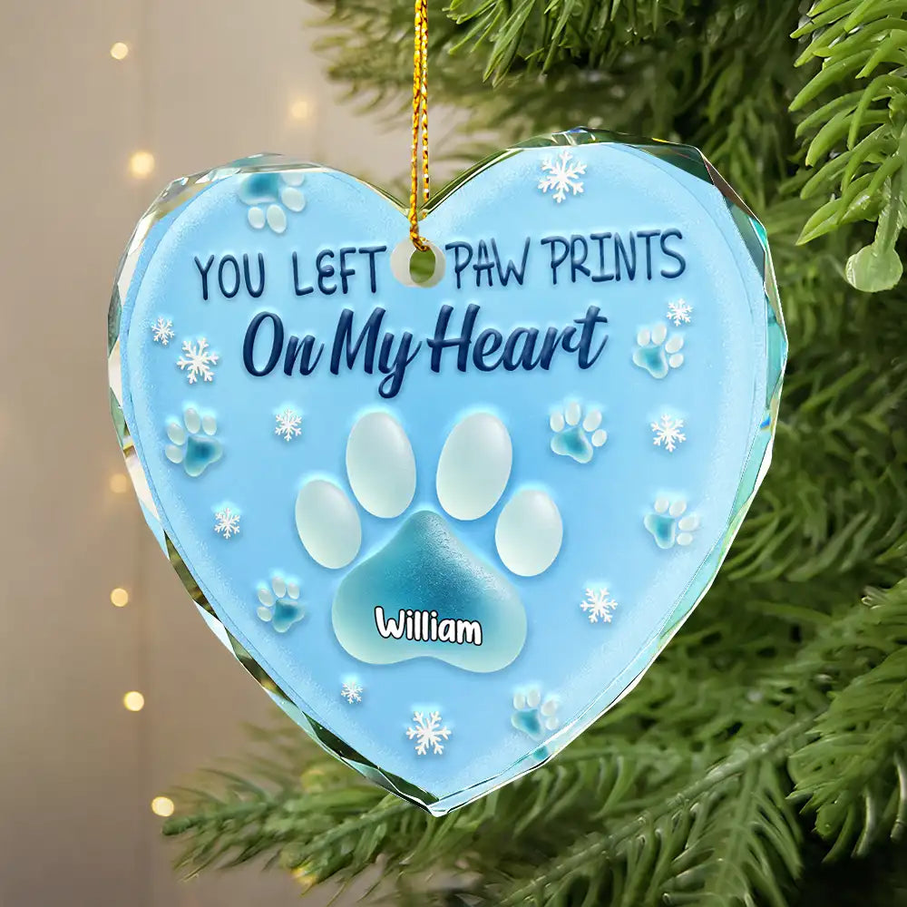Sad, Memorial, Pet Lovers, Christmas - You Left Paw Prints On My Heart - Personalized Heart Shaped Glass Ornament