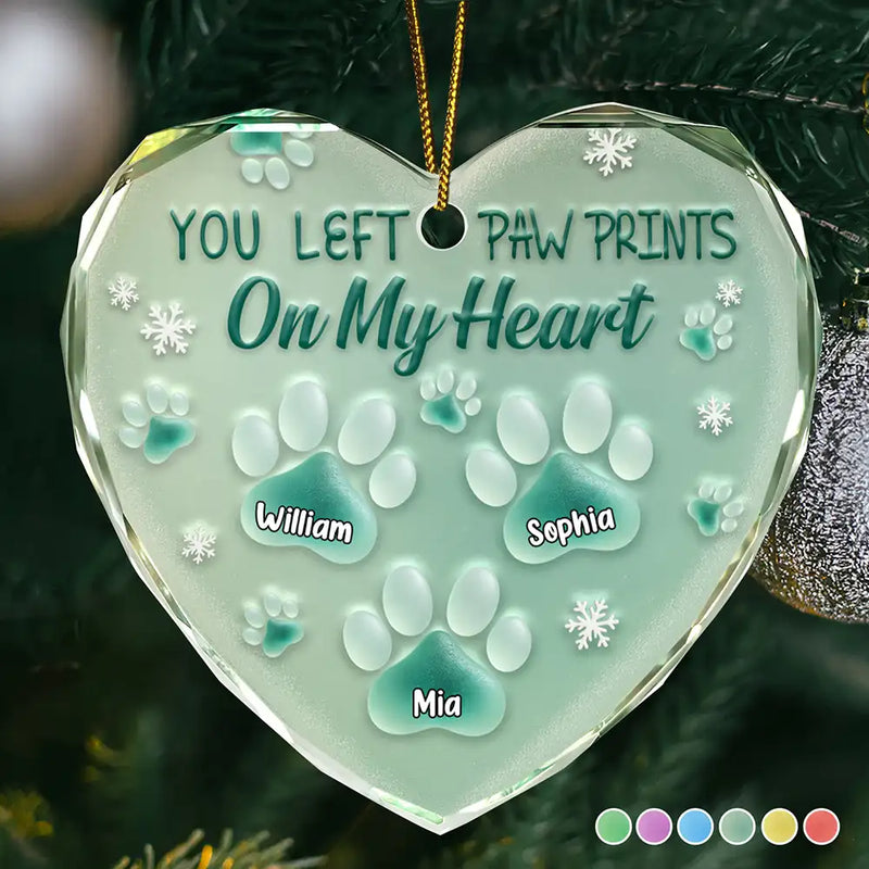 Sad, Memorial, Pet Lovers, Christmas - You Left Paw Prints On My Heart - Personalized Heart Shaped Glass Ornament