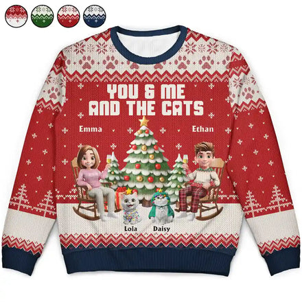 You & Me And The Cat 3D Effect Couple - Personalized Unisex Ugly Sweater