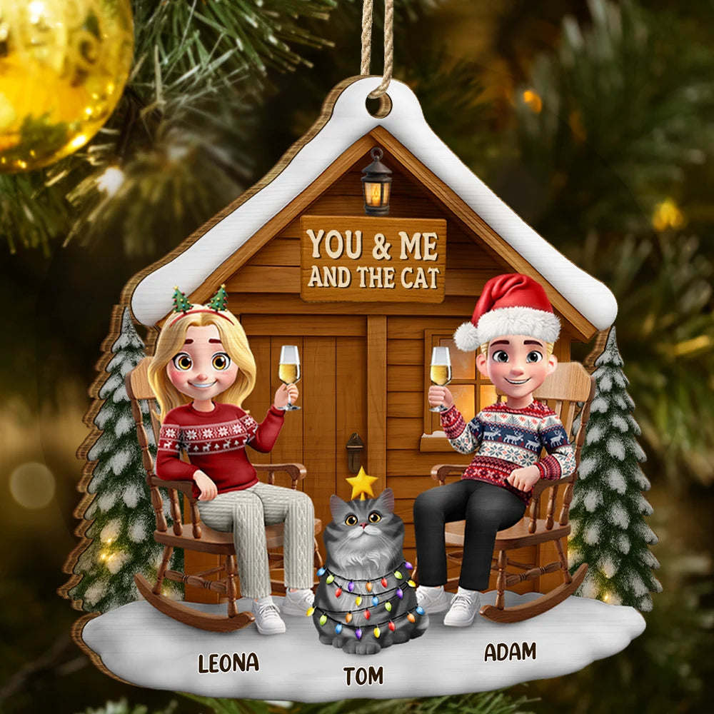 You & Me And The Cat 3D Effect Couple - Personalized Custom Shaped Wooden Ornament
