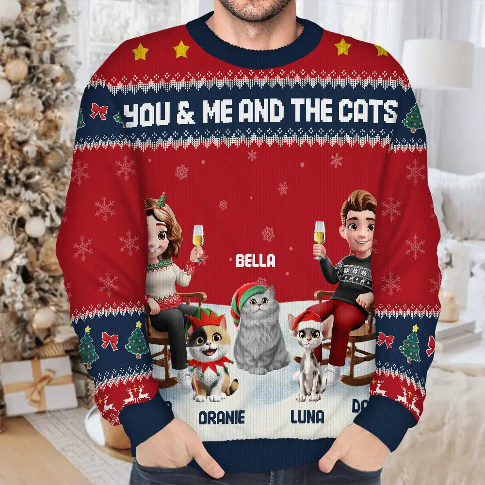 Gift For Couples,Gift For Husband,Gift For Wife,Gift For Boyfriend,Gift For Girlfriend,Pet Lovers,Pet Couple,Cat Lovers,Cat Couple,Christmas,Happy - You & Me And The Cat Happy 3D Effect Couple - Personalized Unisex Ugly Sweater