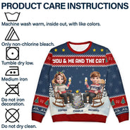 Gift For Couples,Gift For Husband,Gift For Wife,Gift For Boyfriend,Gift For Girlfriend,Pet Lovers,Pet Couple,Cat Lovers,Cat Couple,Christmas,Happy - You & Me And The Cat Happy 3D Effect Couple - Personalized Unisex Ugly Sweater