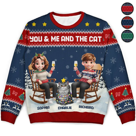 You & Me And The Cat Happy 3D Effect Couple - Personalized Unisex Ugly Sweater