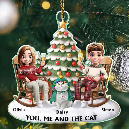 You & Me And The Cats 3D Effect Couple Sitting - Personalized Custom Shaped Acrylic Ornament
