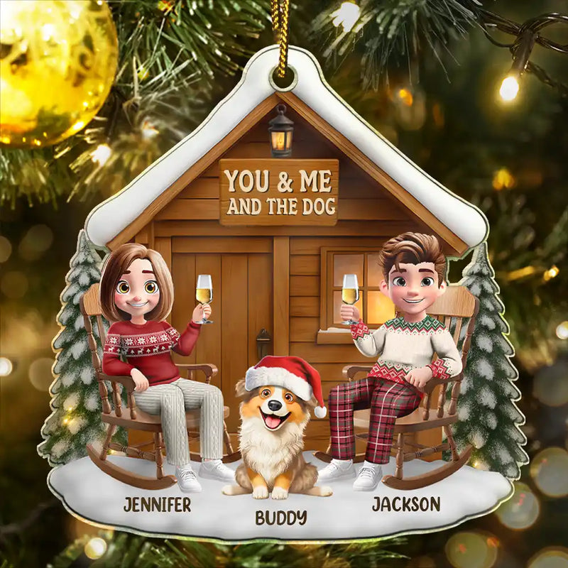 Gift For Couples,Gift For Husband,Gift For Wife,Gift For Boyfriend,Gift For Girlfriend,Pet Lovers,Dog Lovers,Cat Lovers,Cat Couple,Dog Couple,Pet Couple,Christmas,Happy - You & Me And The Dog 3D Effect Couple - Personalized Custom Shaped Acrylic Ornament