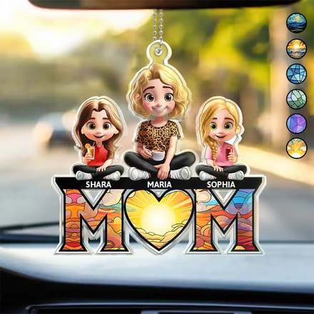 Young Mother Daughter Son We Love You Mom 3D Cartoon - Personalized Acrylic Car Hanger